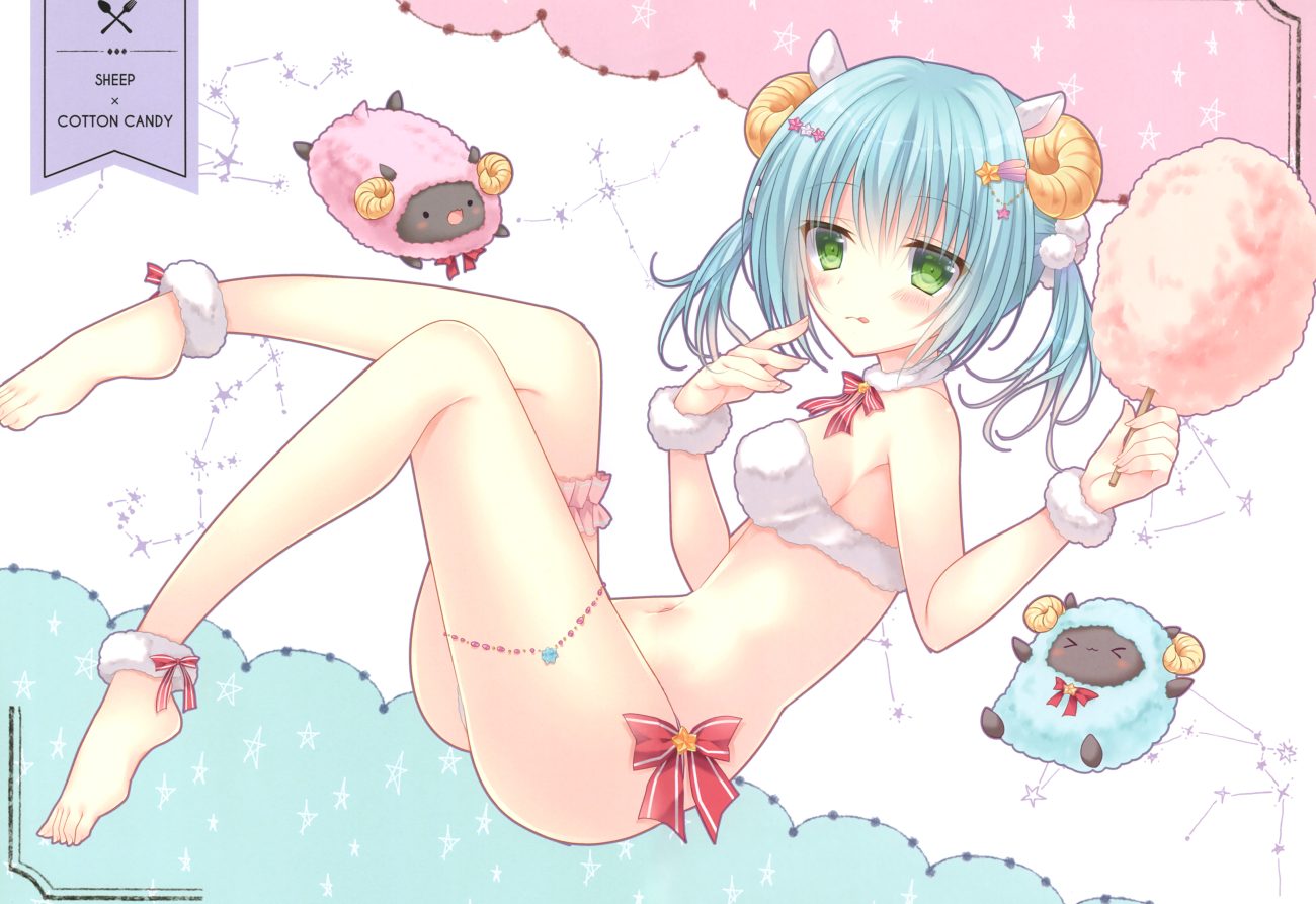 animal animal ears barefoot bow green eyes green hair horns kohinata hoshimi navel original scan sheep sheepgirl twintails