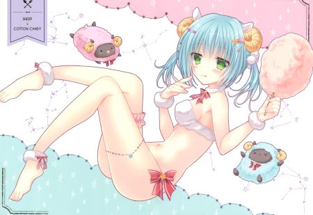 animal animal ears barefoot bow green eyes green hair horns kohinata hoshimi navel original scan sheep sheepgirl twintails