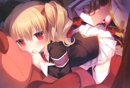 amamine blonde hair blush food garter hat original red eyes scan thighhighs twintails