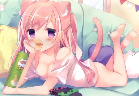 amamine animal ears barefoot blush bottomless breasts food game console long hair no bra original pink hair purple eyes scan tail twintails