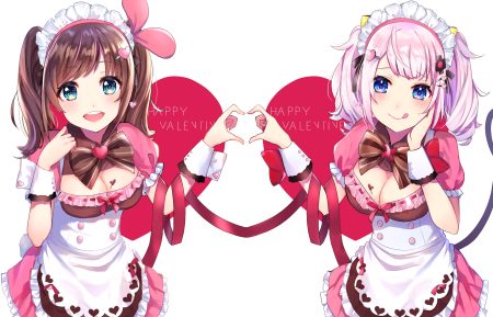 2girls a.i. channel bow breasts brown hair cleavage dress green eyes kaguya luna kizuna ai maid omelet tomato pink hair ribbons the moon studio twintails valentine