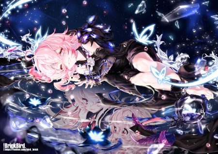 brickbird elsword laby (elsword) pink eyes pink hair short hair watermark