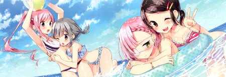 bikini black hair blush braids brown eyes clouds eyepatch gray hair green eyes long hair navel pink hair ponytail purple eyes sakuragi ren scan short hair sky swimsuit water wink