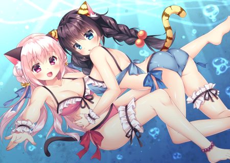 animal ears aqua eyes ass bikini blush bow braids bubbles cameltoe catgirl fujikura ryuune long hair original pink eyes pink hair swimsuit tail twintails underwater water
