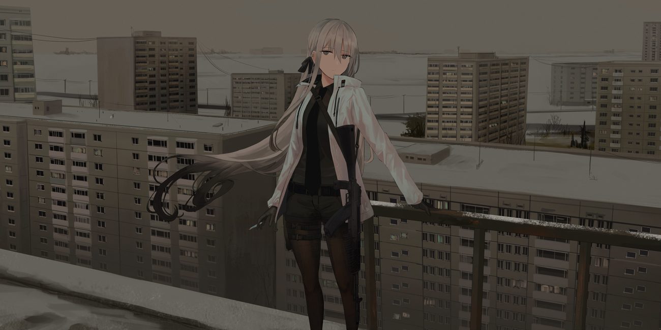 building chihuri405 cigarette city dark gloves gray hair gun long hair night original pantyhose rooftop scenic shorts snow tie weapon winter zoya (chihuri)
