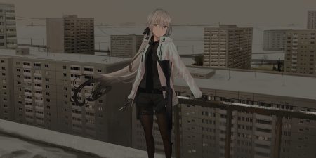 building chihuri405 cigarette city dark gloves gray hair gun long hair night original pantyhose rooftop scenic shorts snow tie weapon winter zoya (chihuri)