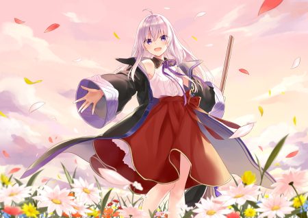 azuuru (azure0608) clouds elaina (majo no tabitabi) flowers gray hair long hair majo no tabitabi purple eyes ribbons skirt sky
