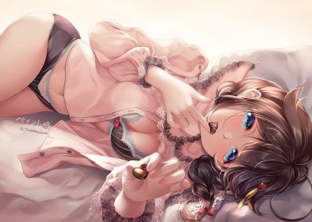 anthropomorphism aqua eyes bed blush bow bra braids breasts brown hair candy chocolate cleavage heart jpeg artifacts kantai collection long hair navel open shirt paintmusume panties ponytail shigure (kancolle) shirt signed underwear valentine