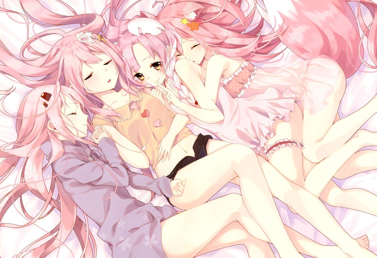 animal ears blush braids group hug long hair navel pink hair sakuragi ren scan sleeping tail yellow eyes