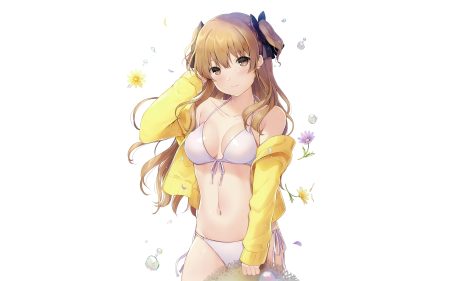 6u (eternal land) bikini brown eyes brown hair navel ogata rina open shirt swimsuit third-party edit twintails white white album