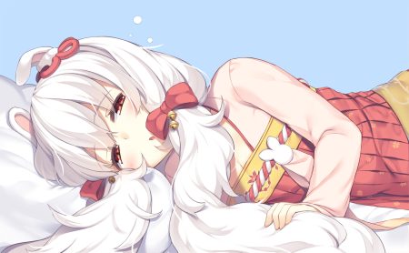 animal ears anthropomorphism azur lane bed bell bow bunny ears bunnygirl close laffey (azur lane) long hair olive (laai) red eyes twintails white hair
