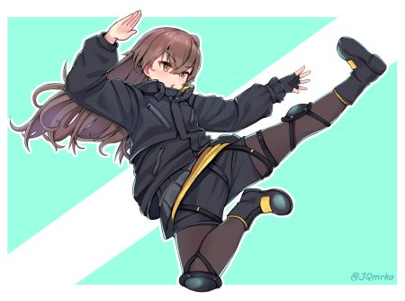 anthropomorphism boots brown hair girls frontline gloves kick long hair manme pantyhose shorts ump-45 (girls frontline) yellow eyes