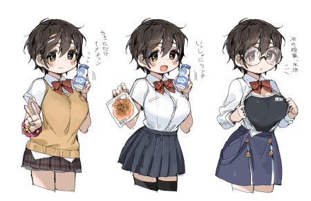 black hair bow breasts brown eyes drink food glasses idolmaster idolmaster cinderella girls oikawa shizuku open shirt school swimsuit school uniform short hair sketch skirt spawnfoxy swimsuit thighhighs white wristwear