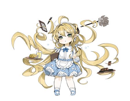apron blonde hair dress drink food granblue fantasy green eyes headdress loli lolita fashion long hair maid melissabelle pointed ears sketch socks spawnfoxy white