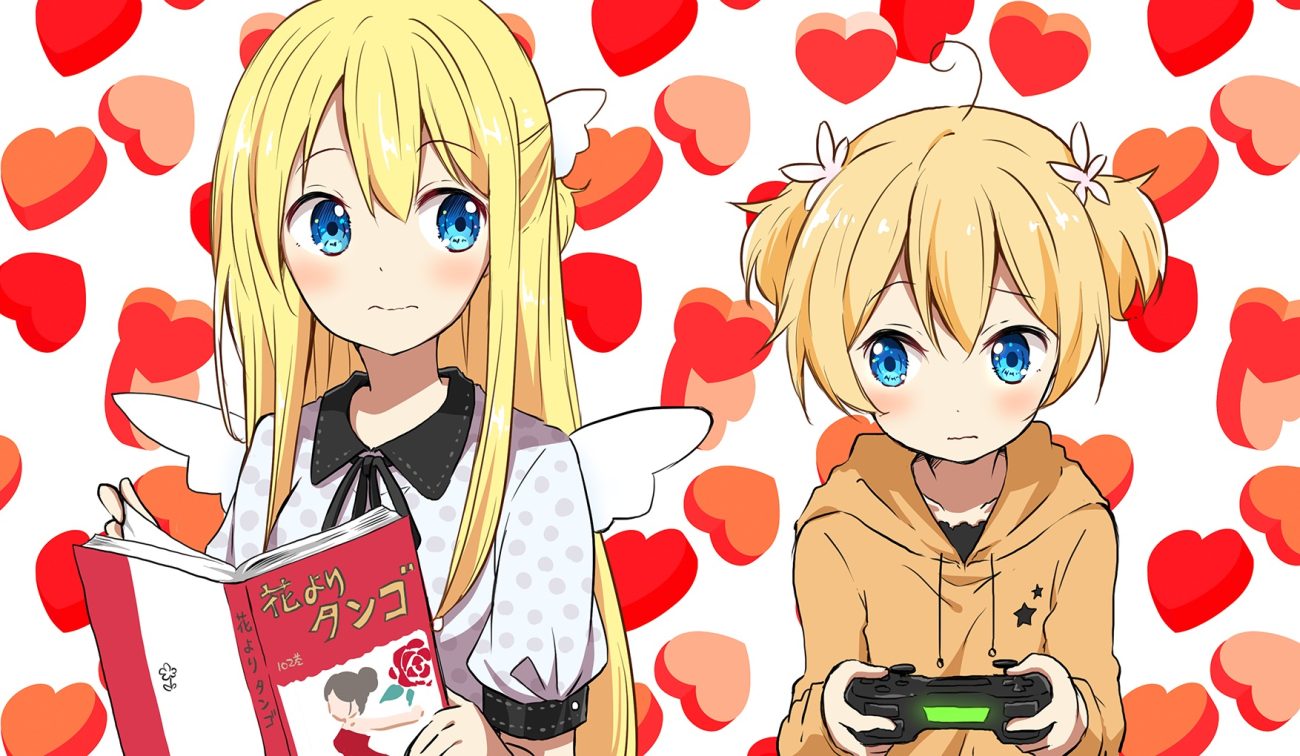 2girls amatsuka poi aqua eyes blonde hair book chikanoko game console headdress hood long hair ragho no erika short hair twintails uchino chika wings