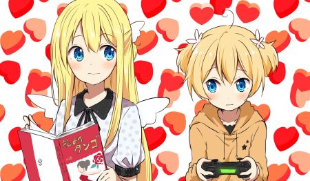 2girls amatsuka poi aqua eyes blonde hair book chikanoko game console headdress hood long hair ragho no erika short hair twintails uchino chika wings