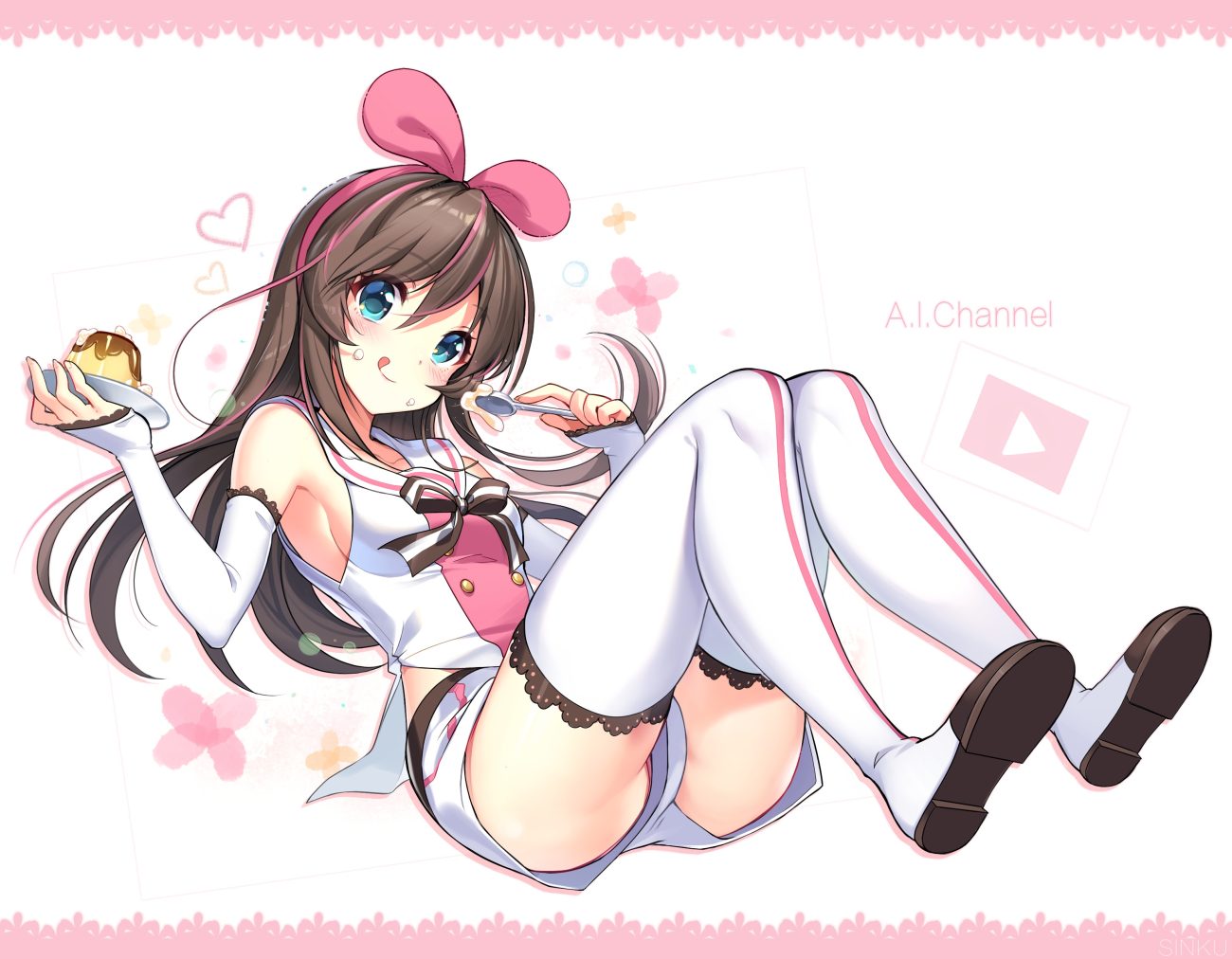a.i. channel aqua eyes boots breasts brown hair food headband kizuna ai long hair shorts sideboob thighhighs yadamon (neverland)