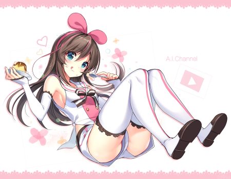 a.i. channel aqua eyes boots breasts brown hair food headband kizuna ai long hair shorts sideboob thighhighs yadamon (neverland)