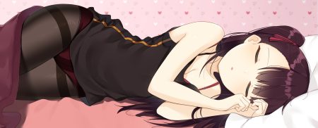 anthropomorphism bed breasts cleavage copiz girls frontline long hair panties pantyhose pink ponytail purple hair sleeping underwear wa2000 (girls frontline)
