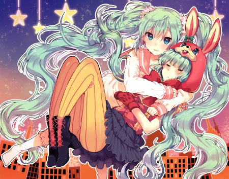 animal ears aqua eyes blush boots bunny ears bunnygirl gloves green hair hatsune miku hood hug ikeuchi tanuma kneehighs long hair lots of laugh (vocaloid) pantyhose school uniform skirt socks twintails vocaloid