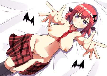 breasts gabriel dropout kneehighs naruse mai nipples no bra nopan purple eyes pussy red hair satanichia kurumizawa mcdowell short hair skirt tie topless uncensored undressing