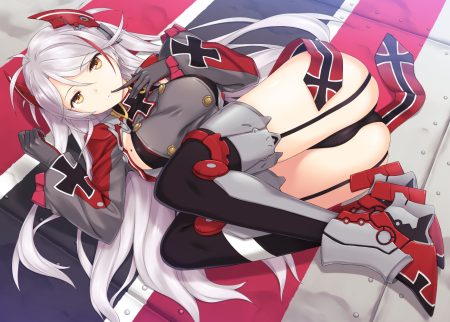 anthropomorphism azur lane brown eyes garter belt gloves kirisawa shinji long hair panties prinz eugen (azur lane) thighhighs underwear white hair