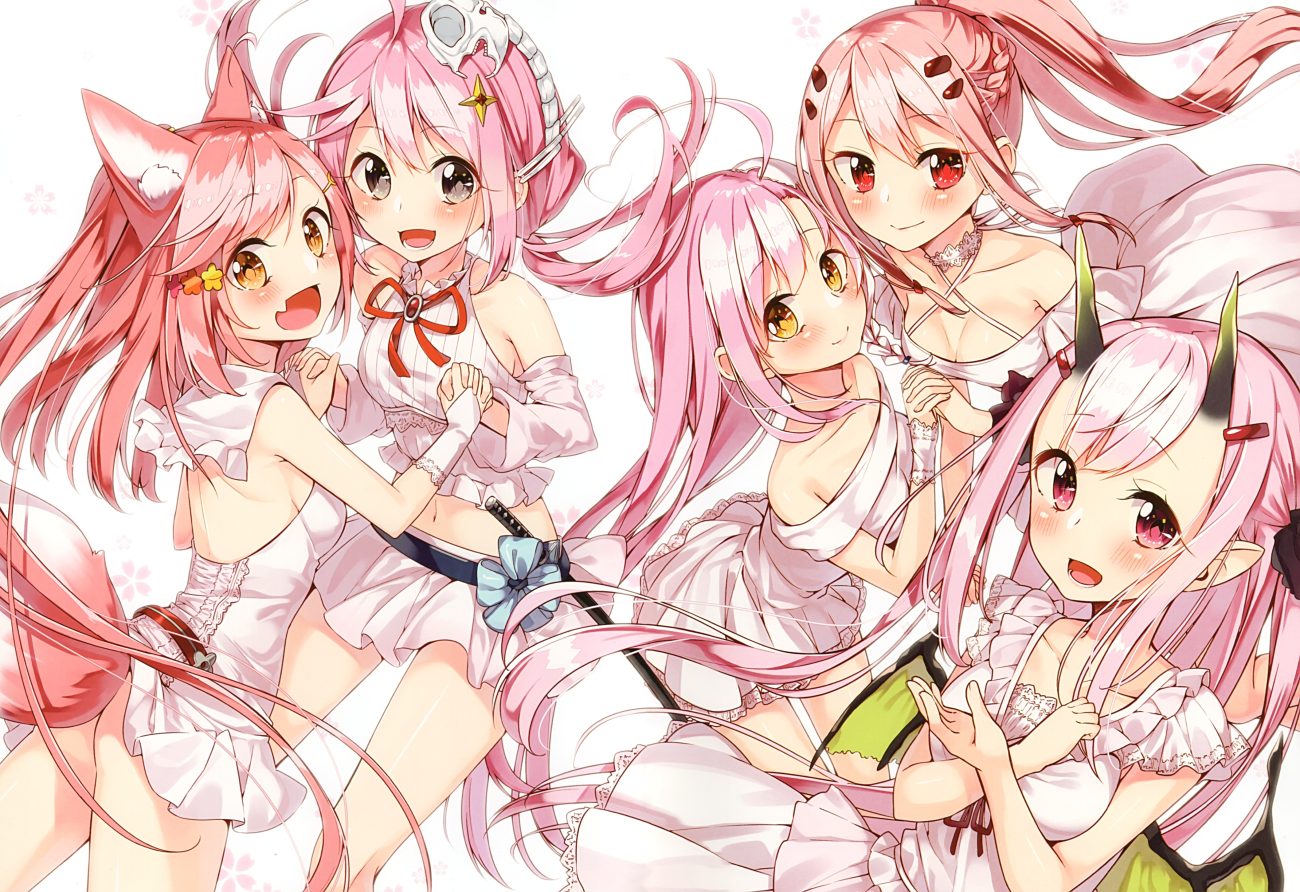 animal ears blush breasts choker dress gloves gray eyes group horns long hair navel original pink eyes pink hair ponytail red eyes ribbons sakuragi ren scan short hair skirt sword tail weapon wings yellow eyes