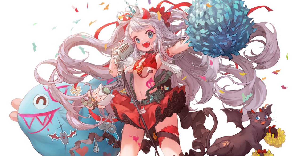 animal aqua eyes bikini top cat cheerleader choker destiny child flat chest gray hair horns kuzel (bonolangje) loli long hair microphone navel skirt tattoo white wings