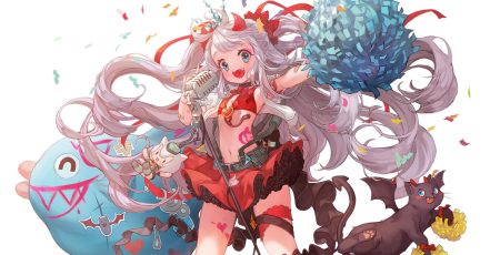 animal aqua eyes bikini top cat cheerleader choker destiny child flat chest gray hair horns kuzel (bonolangje) loli long hair microphone navel skirt tattoo white wings