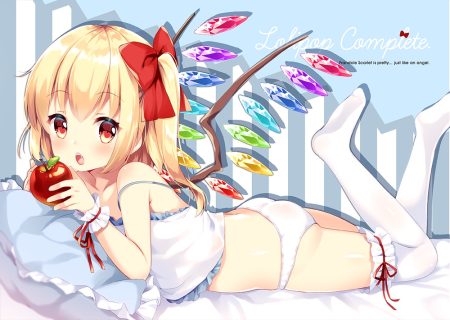 apple ass blonde hair blush bow fang flandre scarlet food fruit irori loli panties ponytail red eyes thighhighs touhou underwear vampire wings wristwear