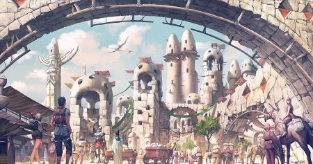 animal building city clouds horse male noba original pixiv fantasia short hair signed skirt sky sword weapon
