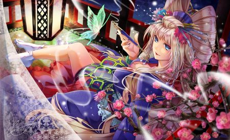 blonde hair blue eyes breasts butterfly cherry blossoms flowers japanese clothes long hair macross macross frontier sheryl nome signed smoking socks tyouya