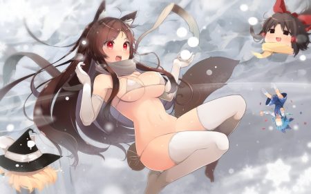 aliasing animal ears bikini blue hair breasts brown hair cirno dress elbow gloves fairy gloves hakurei reimu hat imaizumi kagerou kirisame marisa long hair navel red eyes scarf shin (new) short hair snow swimsuit tail thighhighs touhou witch hat wolfgirl yukkuri shiteitte ne