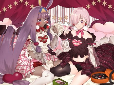 2girls animal ears blush breasts candy chocolate cleavage dark skin fate/grand order fate (series) food fruit headband heart long hair mash kyrielight navel nitocris (fate/grand order) panties pink hair purple eyes purple hair ribbons see through short hair sino42 skirt strawberry thighhighs underwear valentine