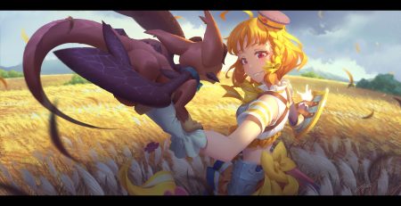 animal bird bow braids clouds crossover granblue fantasy hat love live! school idol project love live! sunshine!! orange hair petals red eyes regition short hair signed sky takami chika vee (granblue fantasy)