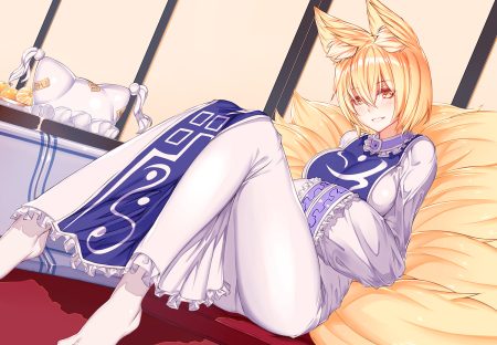 animal ears blonde hair blush breasts dress essagna food foxgirl fruit hat multiple tails orange (fruit) short hair socks tail touhou yakumo ran yellow eyes