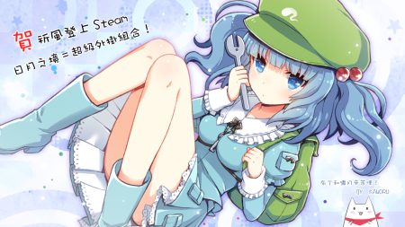 animal blue eyes blue hair boots breasts cat dress hat kawashiro nitori kaworu short hair skirt touhou twintails watermark