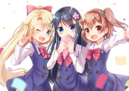 aqua eyes black hair blonde hair blue eyes brown hair cat smile himesaka noa holmemee hoshino hinata loli long hair red eyes shirosaki hana short hair watashi ni tenshi ga maiorita!
