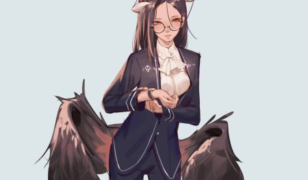 albedo brown hair demon glasses horns krin long hair overlord succubus suit wings wristwear yellow eyes