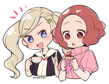 2girls aqua eyes blonde hair chibi do m kaeru drink food fruit hood long hair okumura haru persona persona 5 red eyes red hair short hair signed strawberry takamaki anne twintails waifu2x white