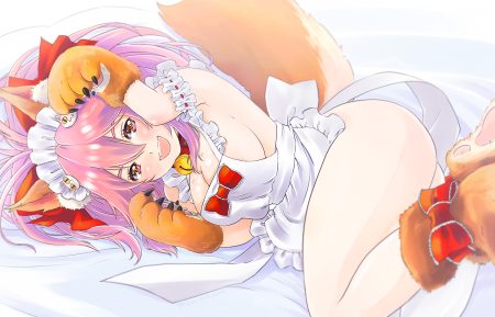 animal ears apron ass bell bow breasts cleavage collar fang fate/grand order fate (series) foxgirl gloves headdress kino to nene naked apron pink eyes pink hair sideboob tail tamamo cat tamamo no mae (fate)