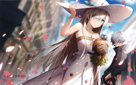 anastasia (fate/grand order) aqua eyes blonde hair building clouds cropped doll dress fate/grand order fate (series) gray hair hat kadoc zemlupus long hair male necklace necomi petals scan short hair sky wristwear