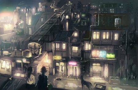 animal building city horse industrial itodome long hair night original polychromatic scenic school uniform signed sketch