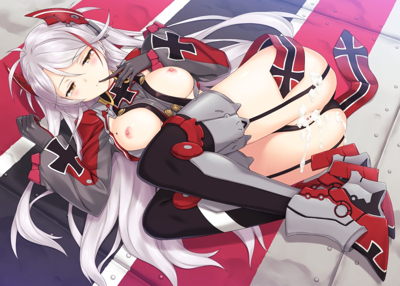 anthropomorphism azur lane breasts brown eyes cum garter belt gloves kirisawa shinji long hair nipples panties prinz eugen (azur lane) pussy thighhighs underwear white hair