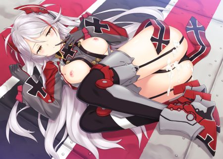 anthropomorphism azur lane breasts brown eyes cum garter belt gloves kirisawa shinji long hair nipples panties prinz eugen (azur lane) pussy thighhighs underwear white hair