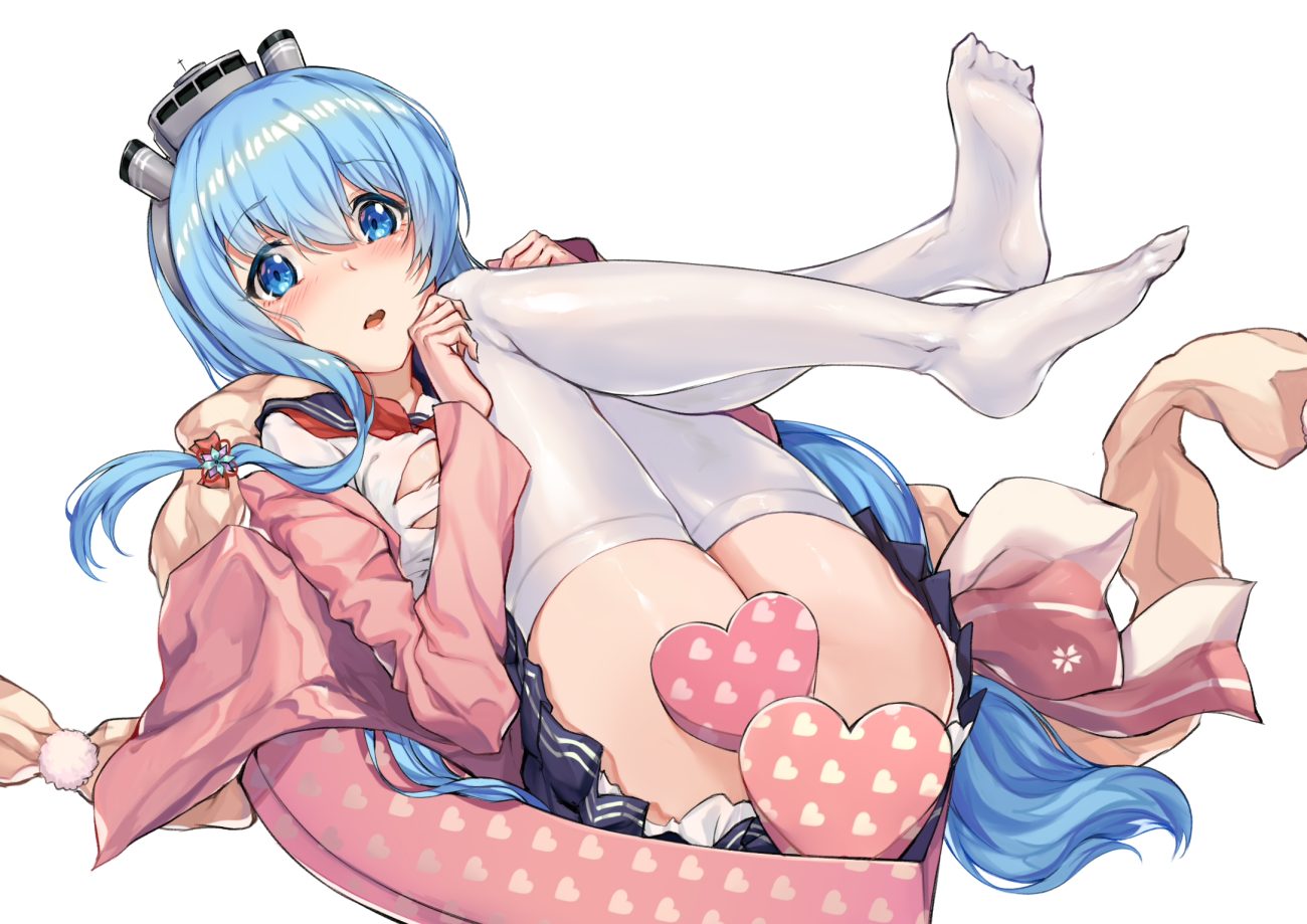 anthropomorphism aqua eyes aqua hair blush headband long hair no bra school uniform shirayuki (zhanjian shaonu) skirt tagme (artist) thighhighs torn clothes white zhanjian shaonu