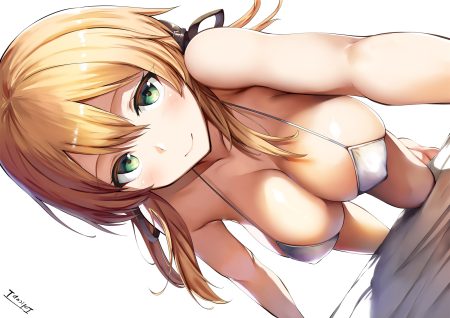 anthropomorphism belko bikini blonde hair blush breasts close erect nipples green eyes kantai collection long hair prinz eugen (kancolle) signed swimsuit
