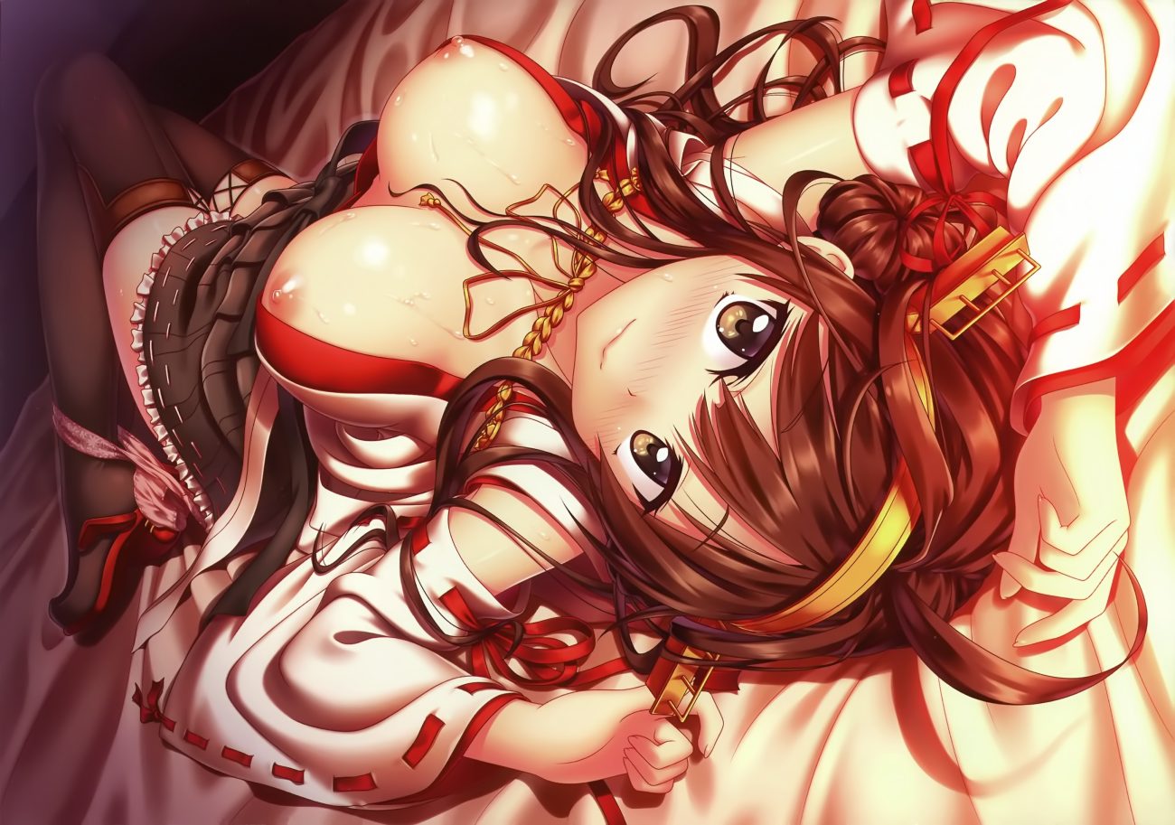 anthropomorphism breasts japanese clothes kantai collection kongou (kancolle) nazu-na nipples no bra open shirt panties panty pull scan thighhighs underwear