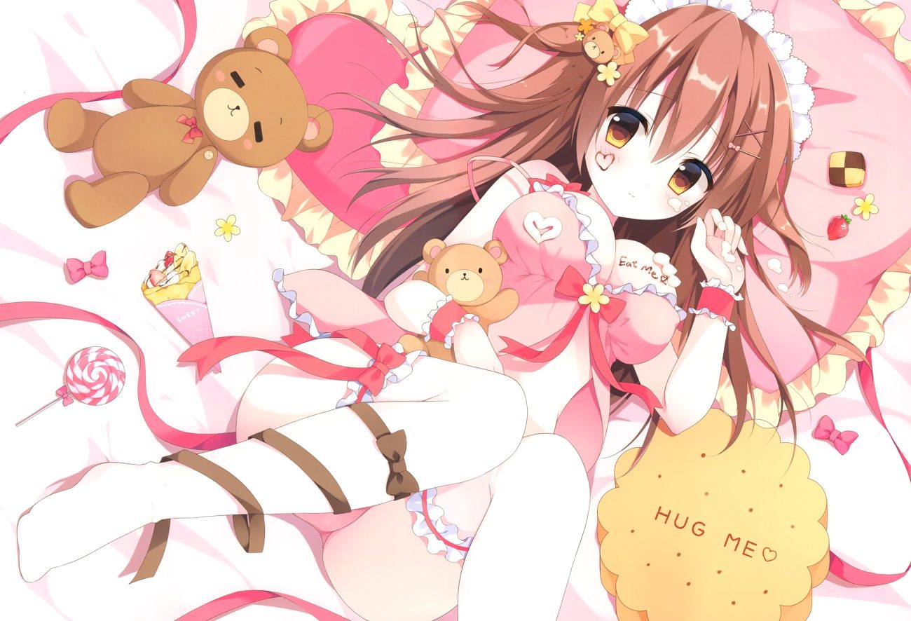 breasts brown hair candy cleavage lollipop long hair original panties scan tagme (artist) teddy bear underwear yellow eyes