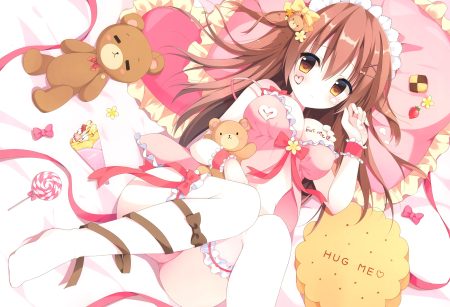 breasts brown hair candy cleavage lollipop long hair original panties scan tagme (artist) teddy bear underwear yellow eyes